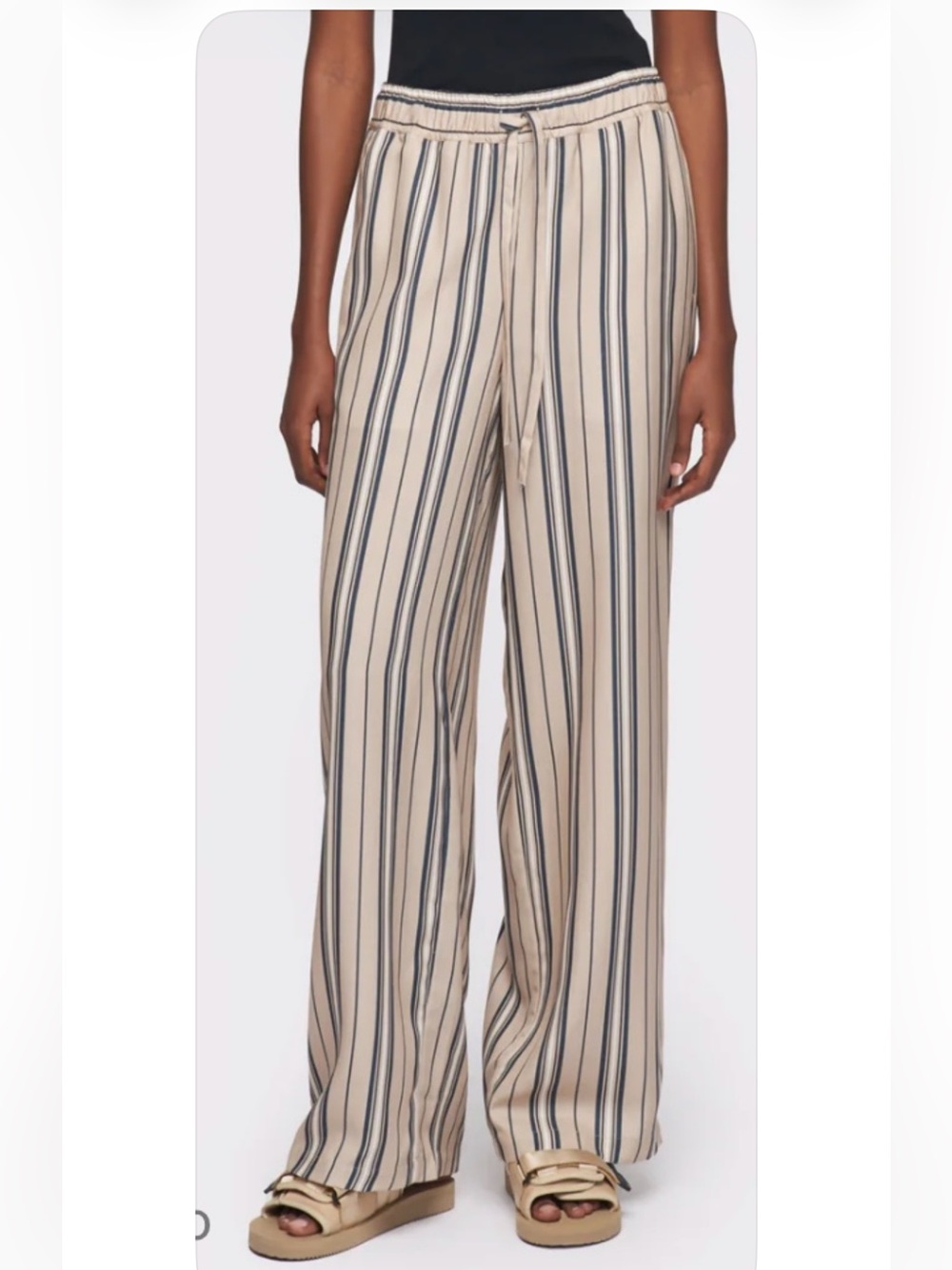New KOTN womens XS Striped Wide-Leg Drawstring pull-on Pants tan w navy Beige